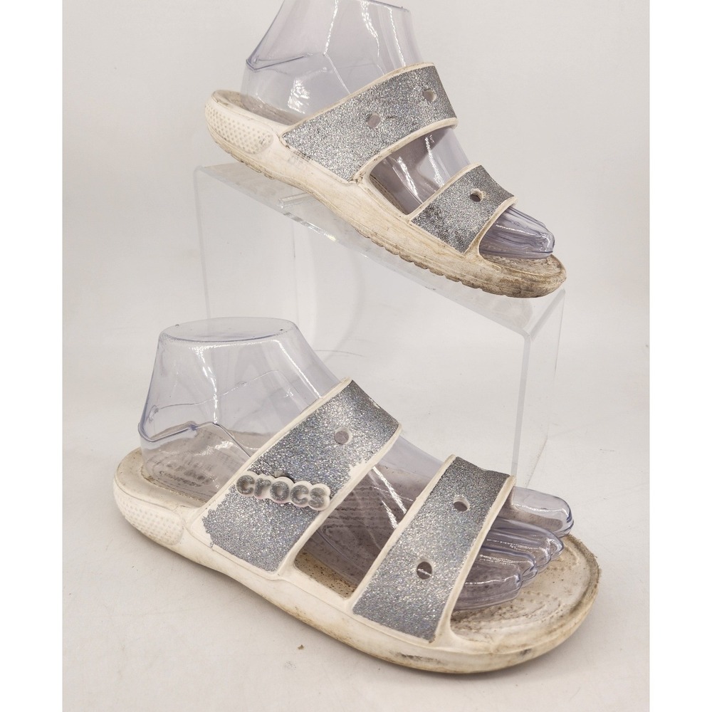 Crocs Classic Glitter II Sandal Sz 6 White Silver Glitter Two Strap Slide 207769
